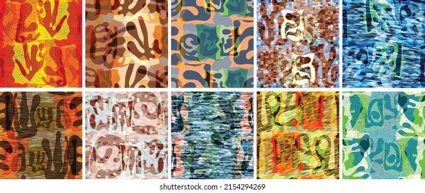 Vector seamless pattern set. Organic Matisse shapes. Natural earthy color floral underwater life. Abstract seaweed camouflage background. Trendy floating wavy geometry. Random layered hand drawn art.