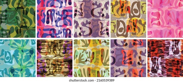 Vector seamless pattern set. Organic Matisse shapes. Natural earthy color floral underwater life. Abstract seaweed camouflage background. Trendy floating wavy geometry. Random layered hand drawn art.
