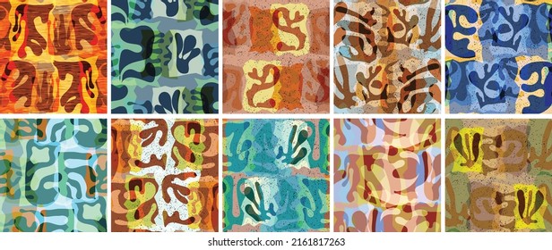 Vector seamless pattern set. Organic Matisse shapes. Natural earthy color floral underwater life. Abstract seaweed camouflage background. Trendy floating wavy geometry. Random layered hand drawn art.