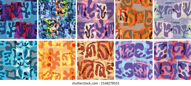 Vector seamless pattern set. Organic Matisse shapes. Natural earthy color floral underwater life. Abstract seaweed camouflage background. Trendy floating wavy geometry. Random layered hand drawn art.