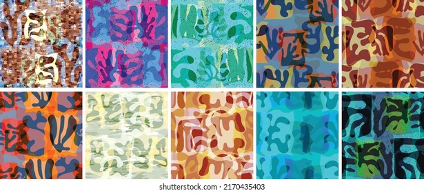 Vector seamless pattern set. Organic Matisse shapes. Natural earthy color floral underwater life. Abstract seaweed camouflage background. Trendy floating wavy geometry. Random layered hand drawn art.