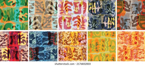 Vector seamless pattern set. Organic Matisse shapes. Natural earthy color floral underwater life. Abstract seaweed camouflage background. Trendy floating wavy geometry. Random layered hand drawn art.