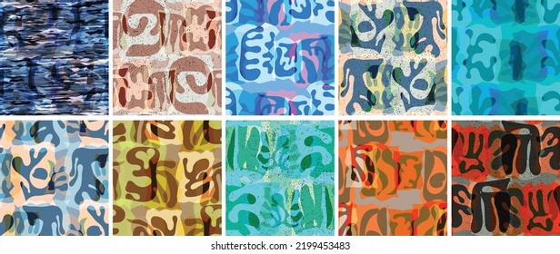 Vector seamless pattern set. Organic Matisse shapes. Natural earthy color floral underwater life. Abstract seaweed camouflage background. Trendy floating wavy geometry. Random layered hand drawn art.