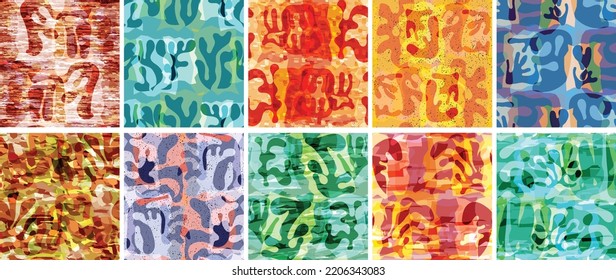 Vector seamless pattern set. Organic Matisse shapes. Natural earthy color floral underwater life. Abstract seaweed camouflage background. Trendy floating wavy geometry. Random layered hand drawn art.