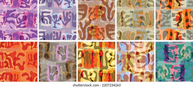 Vector seamless pattern set. Organic Matisse shapes. Natural earthy color floral underwater life. Abstract seaweed camouflage background. Trendy floating wavy geometry. Random layered hand drawn art.