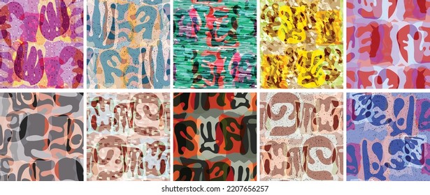 Vector seamless pattern set. Organic Matisse shapes. Natural earthy color floral underwater life. Abstract seaweed camouflage background. Trendy floating wavy geometry. Random layered hand drawn art.