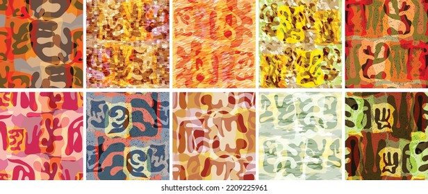 Vector seamless pattern set. Organic Matisse shapes. Natural earthy color floral underwater life. Abstract seaweed camouflage background. Trendy floating wavy geometry. Random layered hand drawn art.