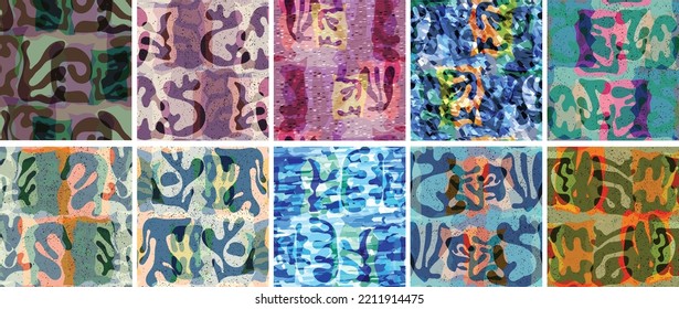Vector seamless pattern set. Organic Matisse shapes. Natural earthy color floral underwater life. Abstract seaweed camouflage background. Trendy floating wavy geometry. Random layered hand drawn art.
