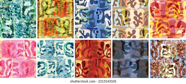 Vector seamless pattern set. Organic Matisse shapes. Natural earthy color floral underwater life. Abstract seaweed camouflage background. Trendy floating wavy geometry. Random layered hand drawn art.