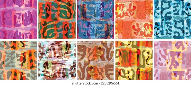 Vector seamless pattern set. Organic Matisse shapes. Natural earthy color floral underwater life. Abstract seaweed camouflage background. Trendy floating wavy geometry. Random layered hand drawn art.
