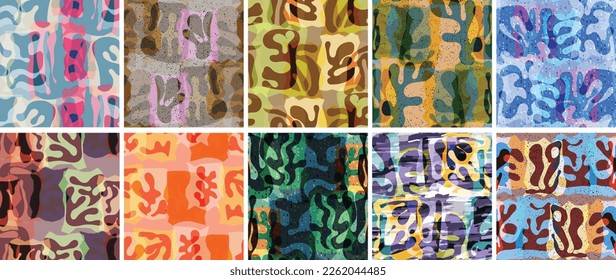 Vector seamless pattern set. Organic Matisse shapes. Natural earthy color floral underwater life. Abstract seaweed camouflage background. Trendy floating wavy geometry. Random layered hand drawn art.