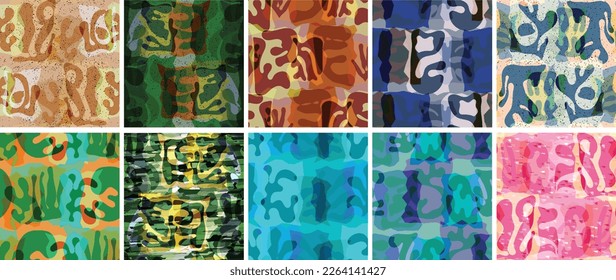 Vector seamless pattern set. Organic Matisse shapes. Natural earthy color floral underwater life. Abstract seaweed camouflage background. Trendy floating wavy geometry. Random layered hand drawn art.