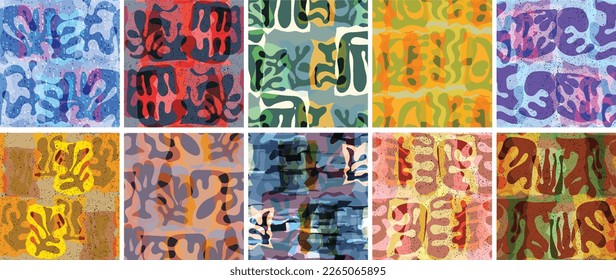 Vector seamless pattern set. Organic Matisse shapes. Natural earthy color floral underwater life. Abstract seaweed camouflage background. Trendy floating wavy geometry. Random layered hand drawn art.
