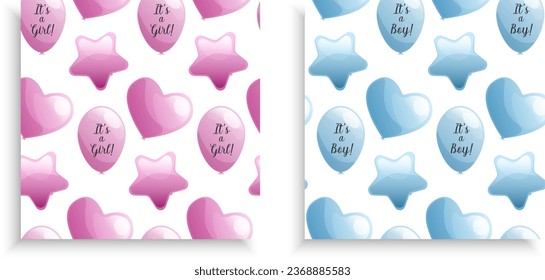 Vector seamless pattern set with pink and blue balloons for gender reveal party on white