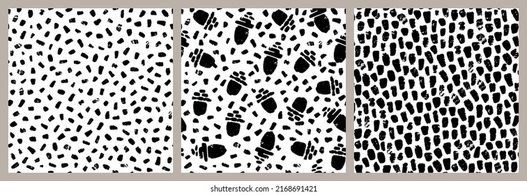 Vector seamless pattern set with poppy seed capsules and brush strokes. Monochrome artistic botanical elements, hand drawn graphic background.