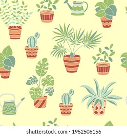 Vector seamless pattern with a set of potted houseplants and watering cans, on a yellow background