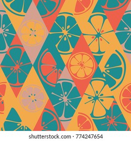 Vector seamless pattern set repeating colorful fresh citrus juicy fruits of orange, grapefruit, lemon, lime. Vector 8 EPS file use for package, website design. Modern art style illustration background