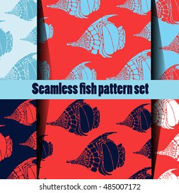 vector seamless pattern set with shapes of outlined butterfly fish on different color backgrounds.