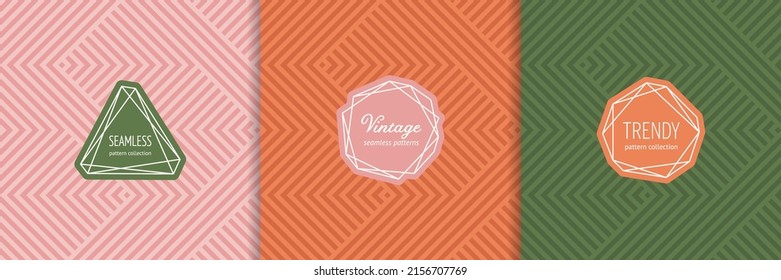 Vector seamless pattern set with stylish labels, badges. Abstract graphic background with geometric lines, stripes, chevron. Trendy cover designs. Modern stylish textures in pink, green, orange color