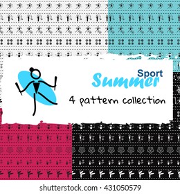 Vector seamless pattern set. Summer sports ribbons set, simple line. Canoeing, Volleyball, Rhythmic and artistic Gymnastics, Tennis, Water polo and Boxing theme. Trendy colors 