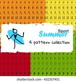 Vector seamless pattern set. Summer sports ribbons set, simple line. Canoeing, Volleyball, Rhythmic and artistic Gymnastics, Tennis, Water polo and Boxing theme. Trendy colors 