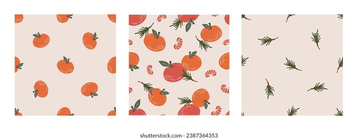 Vector seamless pattern set with tangerine, fir twig on beige background. Merry Christmas and New Year symbol texture. Hand drawn festive design for textile, wrapping, prints, wallpaper
