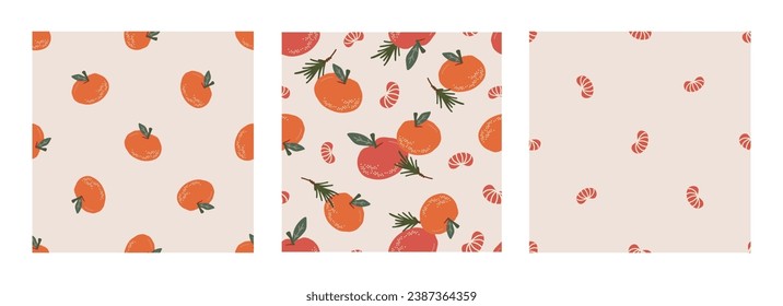 Vector seamless pattern set with tangerine, fir twig on beige background. Merry Christmas and New Year symbol texture. Hand drawn festive design for textile, wrapping, prints, wallpaper