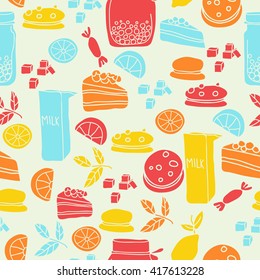 Vector seamless pattern set. Tea theme. Colored hand drawn dessert objects. White, blue, yellow, orange