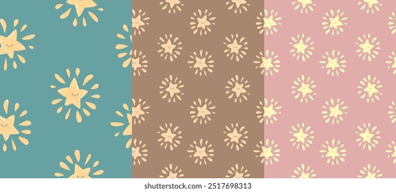 Vector seamless pattern set. Three color options: brown, green and pink. Illustration of plump smiling stars. Cute and minimalistic print for kids.