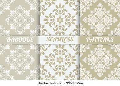 Vector seamless pattern. Set of three luxury elegant textures of baroque style. Patterns can be used as background, fabric print, surface texture, wrapping paper, web page backdrop, wallpaper and more