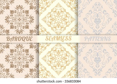 Vector seamless pattern. Set of three luxury elegant textures of baroque style. Patterns can be used as background, fabric print, surface texture, wrapping paper, web page backdrop, wallpaper and more