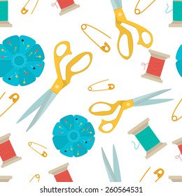 Vector seamless pattern set of tools for sewing.