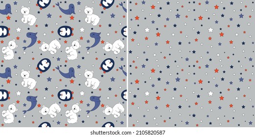 Vector seamless pattern. Set of two companion patterns. Print with animals of the north and colorful stars. Image of a seal, polar bear and penguin.