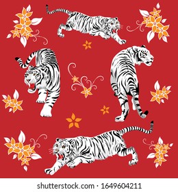 Vector seamless pattern of several beautiful tigers on a red background