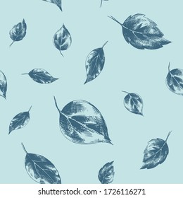 Vector seamless pattern with several different leaves on a blue background. Graphic artwork with imitation of ink or pen. Picture for packaging design of cosmetic products, medicines, textiles.