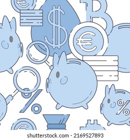 Vector seamless pattern with several flat outlined piggy bank, coins, bitcoin, money bag, magnifier icon. Financial savings. Passive income. Deposits and investments profit. Income diversification.