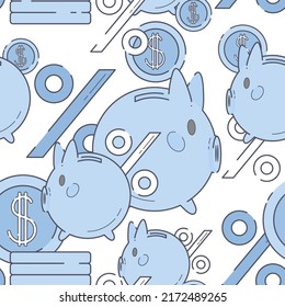 Vector seamless pattern with several flat blue piggy banks, coins and percent icons with outline on white background. Cash savings. Dollar deposit. Banner layout design element. Financial accounting.