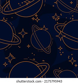 Vector seamless pattern with several large planets and many small glowing stars on dark blue background. Rings of Saturn. Trendy fashion print. Outer space. Bright decorative element with stroke. 