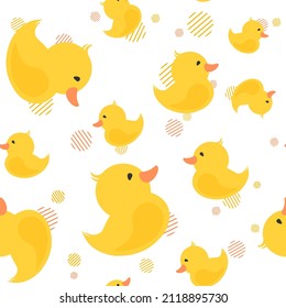 Vector seamless pattern with several little ducks and decorative graphic elements on a white background. Childish illustration for card or fabric design . Duck for the bathroom. Simple flat icon.