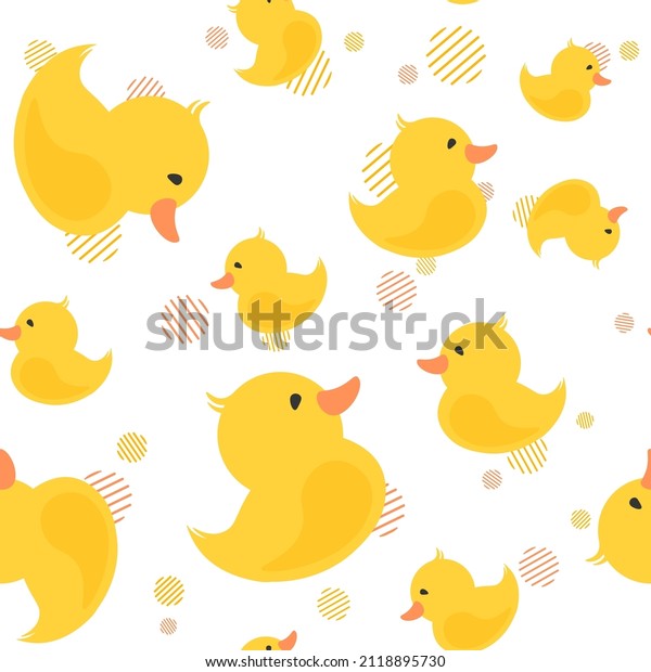 Vector seamless pattern with several little ducks\
and decorative graphic elements on a white background. Childish\
illustration for card or fabric design . Duck for the bathroom.\
Simple flat icon.