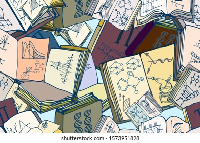 Vector seamless pattern with several open books sketches, graphs, diagrams and formulas. Abstract school, science or education background. Hand drawn.]