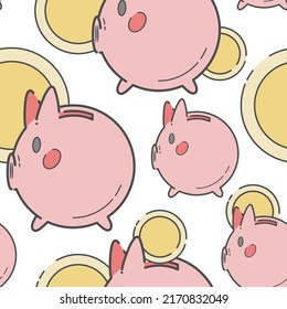 Vector seamless pattern with several piggy banks and big gold coins on a white background. Children's illustration. Economic icons with outline. Decorative composition. Saving. Passive income.