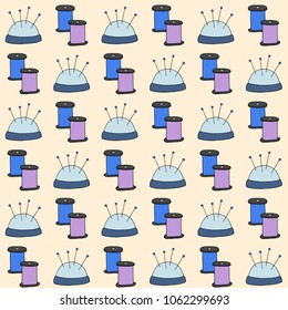 Vector seamless pattern sewing cushion for needles coils with threads