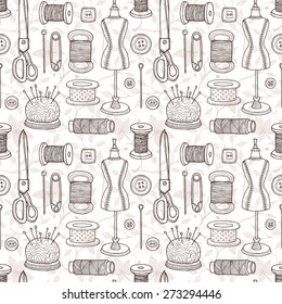 Vector seamless pattern with sewing equipment. Hand drawn vector illustration.