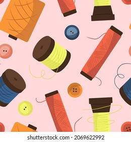 Vector seamless pattern with sewing kit with studs, buttons and threads