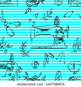 Vector seamless pattern with sewing machine, needle, pin, button, scissors and flowers. Hand drawing.