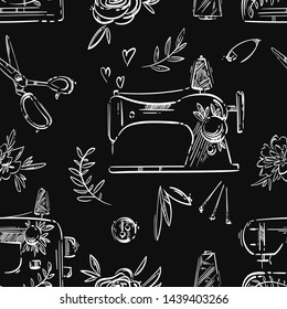 Vector seamless pattern with sewing machine, needle, pin, button, scissors and flowers. Hand drawing.