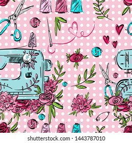 Vector seamless pattern with sewing machine, needle, pin, button, scissors and flowers. Hand drawing.