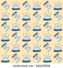 Vector seamless pattern sewing a skein of ribbons and a pin pad