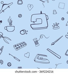 Vector seamless pattern with sewing and tailoring stuff. Lovely needlework, handicrafts items.